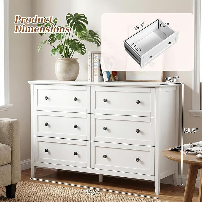Karl home 6 Drawers Dresser for Bedroom, White Wood Dresser with Double Handle, Farmhouse Tall Chest of Drawers, Storage Organizer for Living Room, Closet, Hallway - Image 2