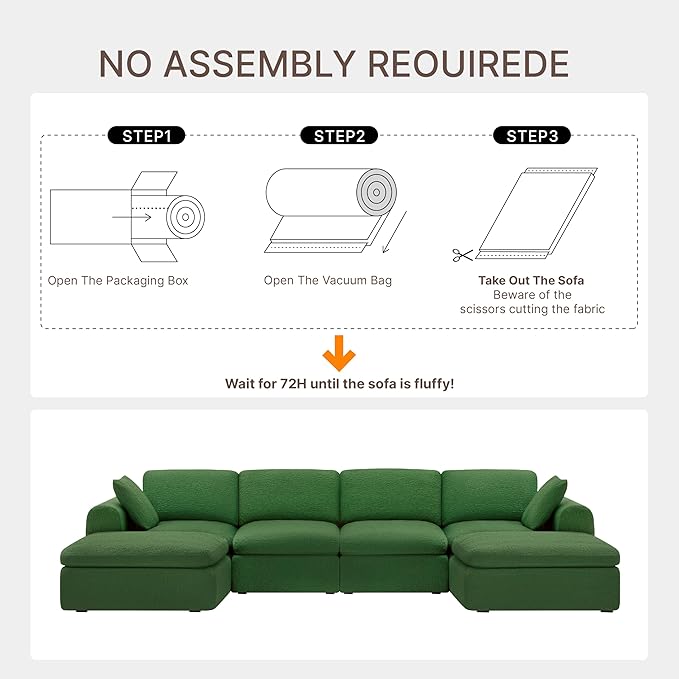 138" Boneless Cloud Couch Sectional No Assembly Required Modular Sofa with Deep Seat for Living Room U Shaped Couch with Ottoman Snowflake Fabric and Memory Sponge Moss Green