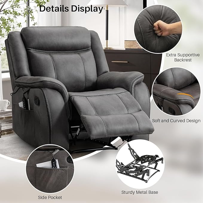 Massage Recliner Chair with Heat, Faux Leather Recliner Chairs for Adults, 39" Wide Manual Reclining Ergonomic Lounge Chair, Overstuffed Wall Hugger Recliners for Living Room, Grey