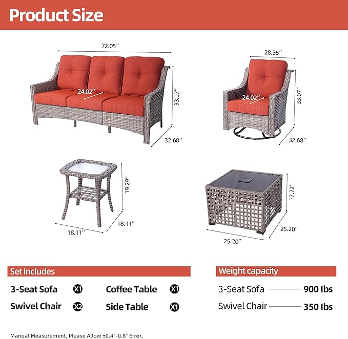 HOOOWOOO 5 Piece Patio Furniture Conversation Sets with Swivel Rocking Chairs,Outdoor Wicker Furniture with LED Tablet,All Weather Resistant High Back Rattan Conversational Set(Orange Red)