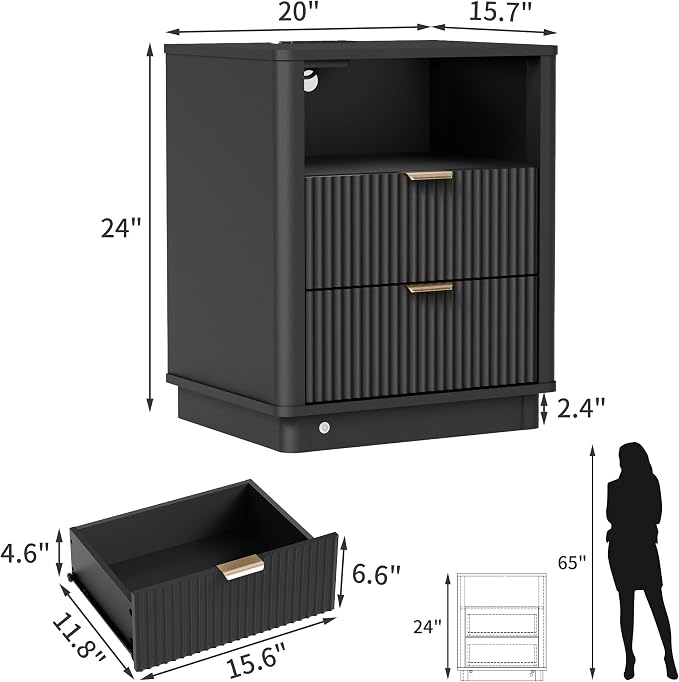 Led Fluted Nightstand, Smart Curved Night Stand with Charging Station Lighting, Wood End Table with 2 Drawers, Modern Side Table Storage Cabinet for Bedroom Office,(1, Black) - Image 2