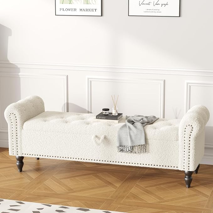 Furniliving 63” End of Bed Bench, Bedroom Bench with Button-Tufted, Large Upholstered Storage Ottoman Benches Entryway Bench with Storage Shoe Cabinet Bench, for Bedroom, Living Room, Faux Fur, White - Image 8