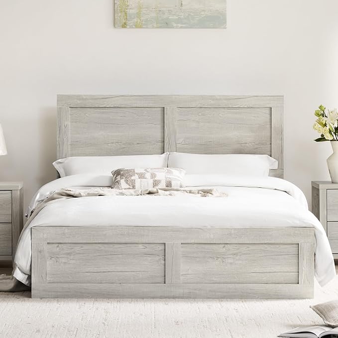 KISLOT 3 Pieces Bedroom Set, Full Size Wood Platform Bed Frame and 2 Nightstands, Storage Nightstand with Type-C Charging Port, Farmhouse Bedroom Furniture Set