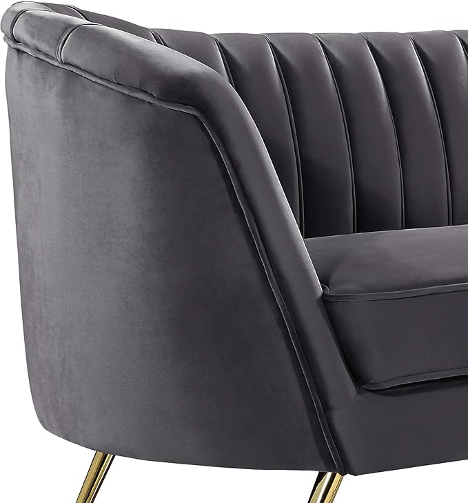 Meridian Furniture Margo Collection Modern | Contemporary Velvet Upholstered Loveseat with Deep Channel Tufting and Rich Gold Stainless Steel Legs, Grey, 65" W x 30" D x 33" H