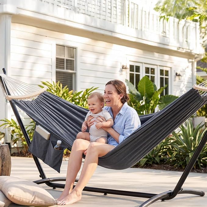 GAFETE Double Hammock with Stand for Outside, Upgraded Spreader Bar, Heavy Duty Space Saving Steel Stand 2 Person, Side Pocket, Easy Assembly, 600lbs Weight Capacity, Indoor & Outdoor (Dark Grey) - Image 2
