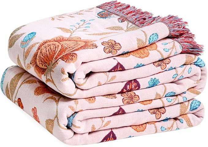 LUTBM Boho Throw Blanket for Bed Cotton Spring Blankets Twin Size for Bedroom Living Room All Season Lightweight Floral Butterfly Embroidery Quilt for Couch Sofa Chair 60"x80" Home Decor