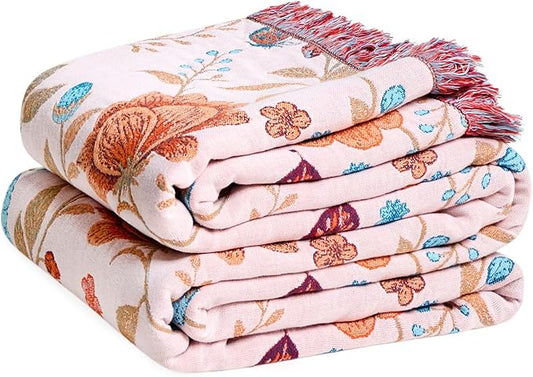 LUTBM Boho Throw Blanket for Bed Cotton Spring Blankets Twin Size for Bedroom Living Room All Season Lightweight Floral Butterfly Embroidery Quilt for Couch Sofa Chair 60"x80" Home Decor