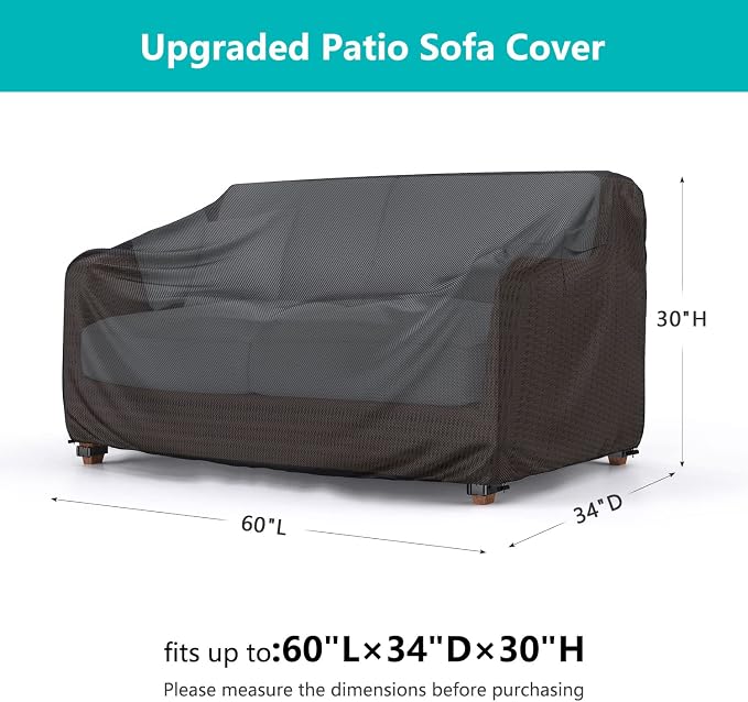 Patio Sofa Cover Waterproof - Heavy Duty 2-Seater Outdoor Couch Cover Patio Furniture Covers with Air Vent and Handles, 60" L×34" D×30" H, Black - Image 2