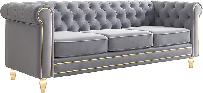 KEIKI 85" Chesterfield Velvet Tufted Button Sofa with Deep Seat Cushions and Rolled Arms, Modern 3-Seater Couch Decorated with Gold Strip, Easy Assembly, for Living Room, Bedroom, Office, Light Grey