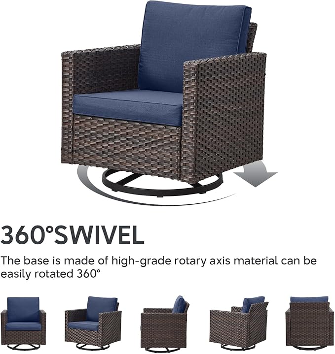 Outdoor Swivel Rocker Chairs - 5 Piece Patio Bistro Set Wicker Patio Rocking Chairs Set with Side Table and Ottomans, 360° Swivel Glider Proch Furniture for Balcony Deck - Brown/Blue