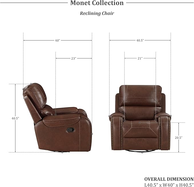 Lexicon Monet Breathable Faux Leather Swivel Glider Reclining Chair, Brown