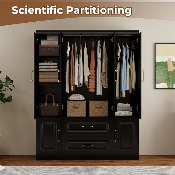 4-Door Modern Bedroom Armoire Wardrobe Closet with 2 Drawers & Hanging Rod, Smooth Black Storage Cabinet for Clothes/Shoes/Blankets 61.42" W x 20.67" D x 70.87" H (69)