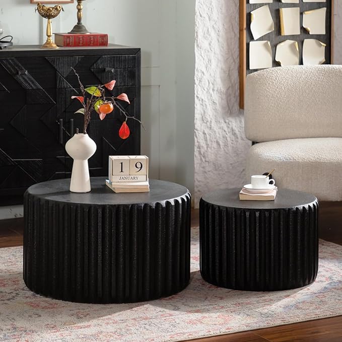 kevinplus 46.46'' White Round Coffee Table Set of 2, Modern Circle Fluted Drum Nesting Elegnant Coffee Table for Living Room, No Assembly, Black