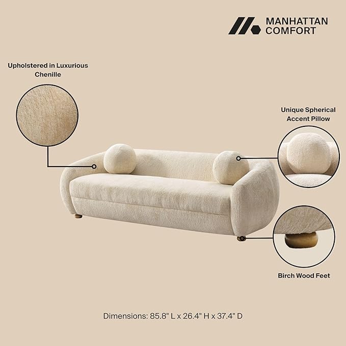 Manhattan Comfort Tribeca 86" Sofa for Living Room, Upholstered in Chenille Fabric, Kiln-Dried Birch Wood Frame, Modern Couch, Includes 2 Round Pillow, Fully Assembled, Cream