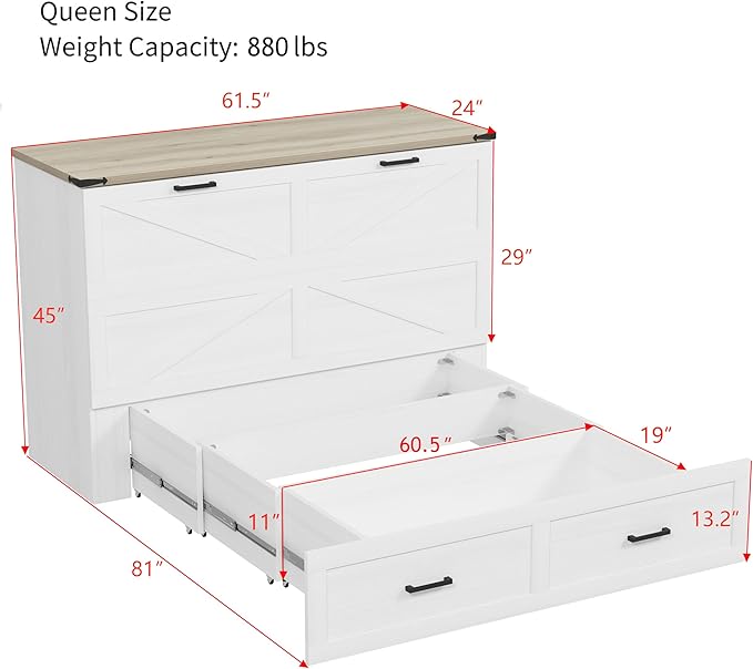 Bellemave Queen Size Murphy Bed, Cabinet Bed with Charging Station and Storage, Farmhouse Murphy Cabinet with Foldable Panel, Noisy Free, for Guest Bedroom, Living Room, Office, White
