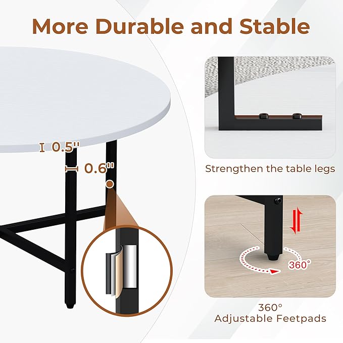 Coffee Table, 23.6" Coffee Tables for Living Room, Round Coffee Table with Metal Frame, Floor Table for Sitting on The Floor, Home, Office, White
