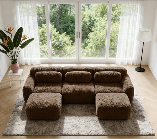114.7" Modular Boneless Sofa, Modern Sectional Couch, U-Shape Boneless Couch for Living Room Apartments Bedroom, 32D High Density Sponge Lounge Sofa, No Assembly Required, Chocolate