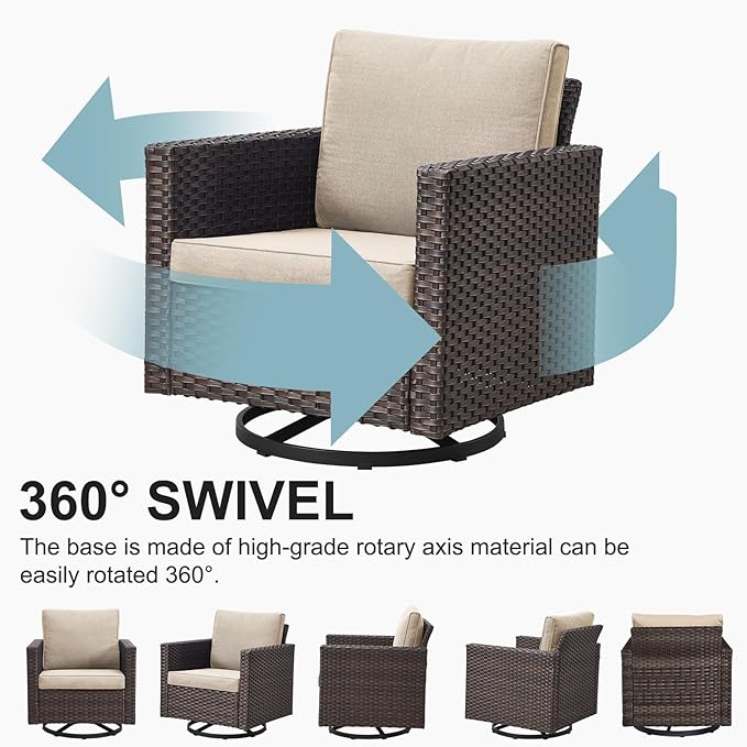 Belord Wicker Patio Furniture 5 Piece Outdoor Sofa Set, Oversize Outdoor Swivel Rocker Chairs with Rattan Ottomans, Conversation Sets Patio Furniture Come with Removable Cushion Beige, Anti-Rust Frame