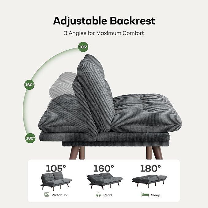 Marsail 74.8" Futon Sofa Bed, Corduroy Convertible Futon Couch with Adjustable Backrest & Armrests, Small Sleeper Sofa Loveseat for Small Apartments, Study Room, Office, Grey