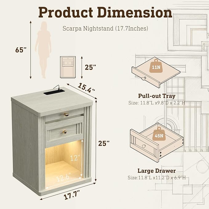 STO'SENSE Nightstand, Narrow Night Stands with Charging Station & Led Light, Wood Nightstand Bedside Table with Drawers & Pull-Out Tray, End Table for Bedroom, White Oak - Image 2