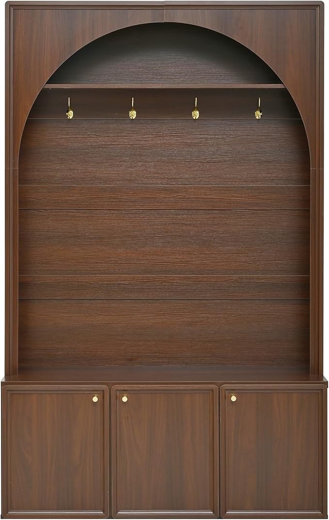 LUMISOL Entryway Hall Tree with Storage Bench, Arched Coat Rack with 4 Golden Hooks, Adjustable Shelves, and 3 Cabinets, Walnut - Image 7