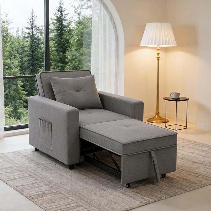 3-in-1 Convertible Sleeper Chair, Sleeper Sofa Bed with Side Pocket, Lazy Sofa Bed with Adjustable Backrest, Recliner Chair for Living Room, Apartment, Dorm, or Office, Gray