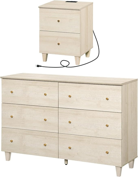 WAMPAT Dresser and Nightstand Set for Bedroom, 47.2 Inches Wood Dresser with 6 Drawers, 1 Piece Nightstand with Charging Station, Chest of Drawers and Bedside Table Set, Light Oak