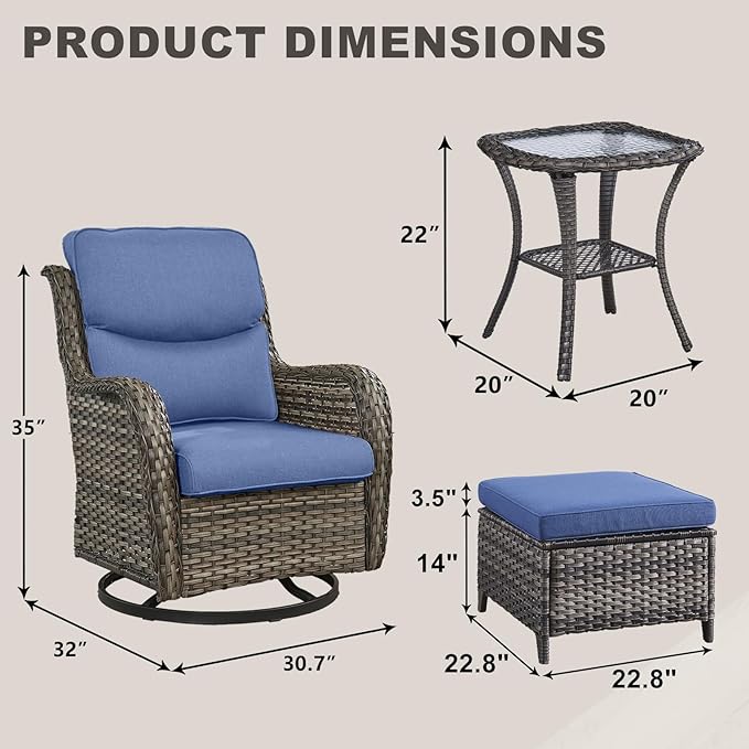 Rilyson Wicker Patio Furniture Set - 5 Piece Rattan Outdoor Sectional Conversation Sets with 2 Swivel Rocking Chairs,2 Ottomans and 1 Side Table for Porch Deck Garden(Mixed Grey/Blue/Smile)