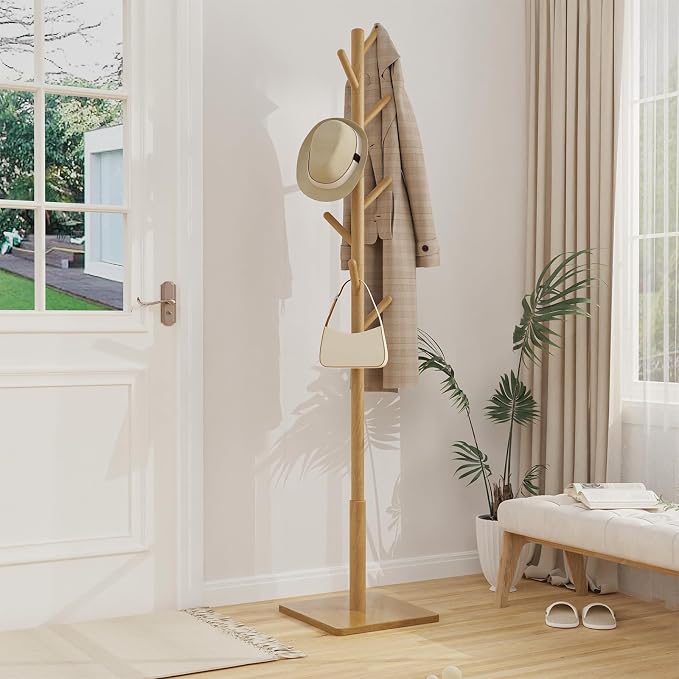 Coat Rack Freestanding with Stable Square Base for Cloathes, Hat, Used in Bedroom, Office and Entryway, Sturdy and Easy Assembly Coat Tree with 3 Adjustable Sizes and 8 Hooks, Natural - Image 2