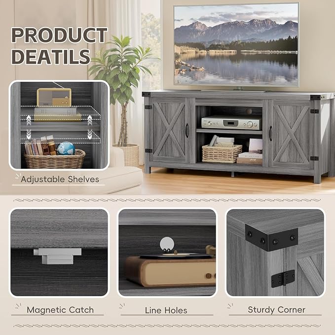YESHOMY Modern Farmhouse TV Stand with Two Barn Doors and Storage Cabinets for Televisions up to 65+ Inch,Entertainment Center Console Table,Media Furniture for Living Room,Rustic Gray - Image 4