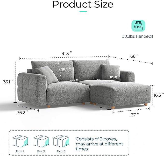 LINSY HOME Cloud Couch Sectional, Modular Sofa Sectionals for Living Room Bedroom, 91" L Shape Love Seat Couch with Ottoman, 2 Seater Deep Seat Cozy Couch Luxury Chenille Sofas, Grey