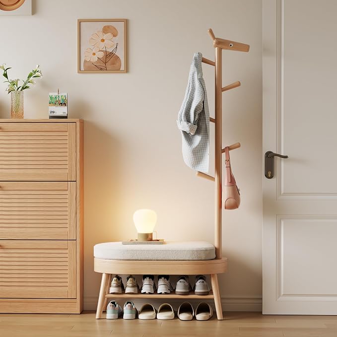 AQIMUELE Entryway Shoe Rack with Coat Rack, Wooden Shoe Bench with Upholstered Cushion, 3-in-1, 2-Tier Shoe Storage and Cute Animal Hooks for Entryway, Hallway, Closet (Natural 32.2") by AQIMUELE