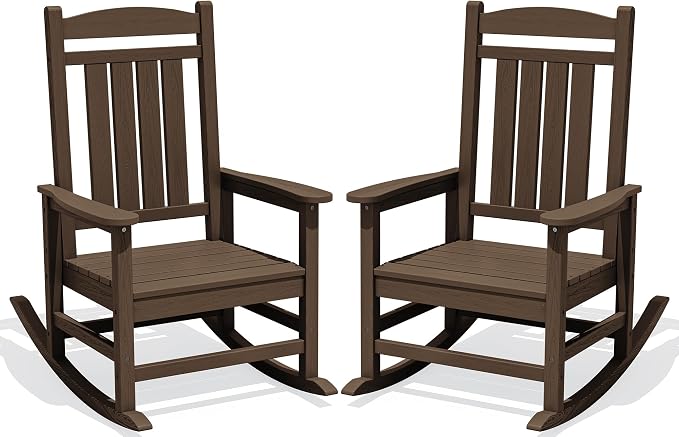 KINGYES Oversized Outdoor Rocking Chair Set 2, All Weather HDPE Patio Rocking Chairs for Adults, Coffee Brown by KINGYES