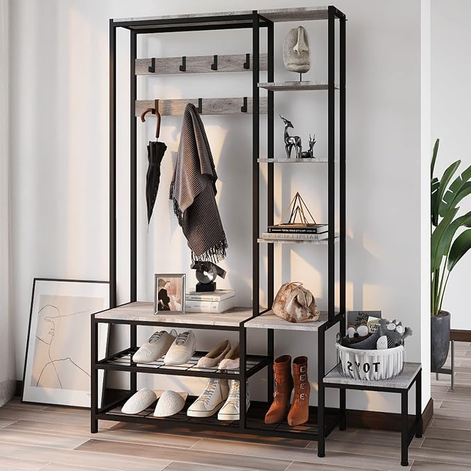 Espelism Hall Tree with Shoe Storage Bench Coat Rack with 7 Hooks Interchangeable 4 Tier Side Storage Shelves Small Cute Side Bench Industrial 5-in-1 Entryway Coat Rack for Hallway Mudroom Bedroom by Espelism