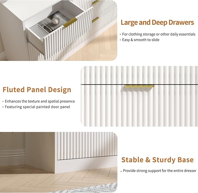 White Dresser Set of 2, Long Dresser for Bedroom Wooden with 18 Drawers, Fluted Modern Bedroom Furniture Set, TV Stand Dressers & Chests of Drawers for Closet (15.7"D x 125.8"W x 31.8"H)