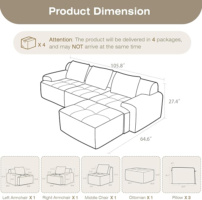 Modular Sectional Sofa, 6 Seat Modular Couch, Modular Sofa with Deep Seat and Detachable Pillow (Black, 4 Pieces-L Shape)