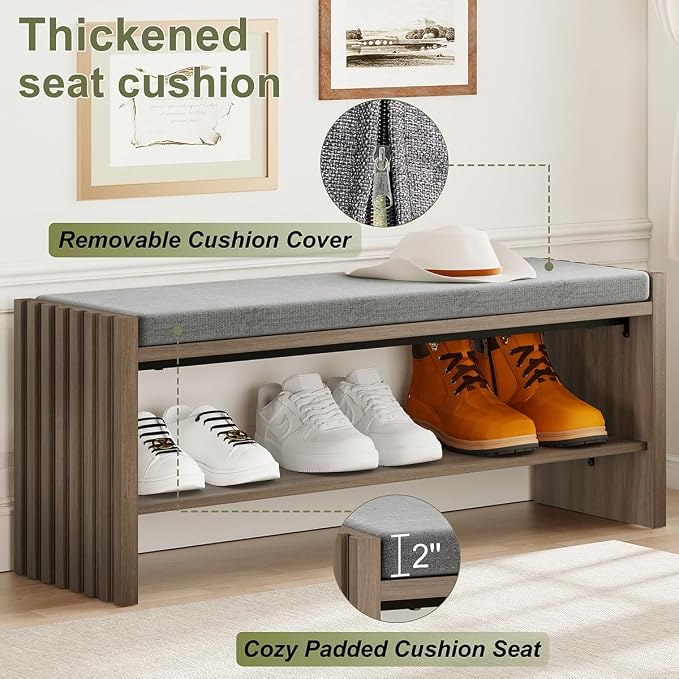 BON AUGURE Shoe Storage Bench Bedroom, Entryway Bench with Cushion, Ottoman Benches for Living Room Hallway Entry (Greige Oak, 40 Inch Wide) - Image 3