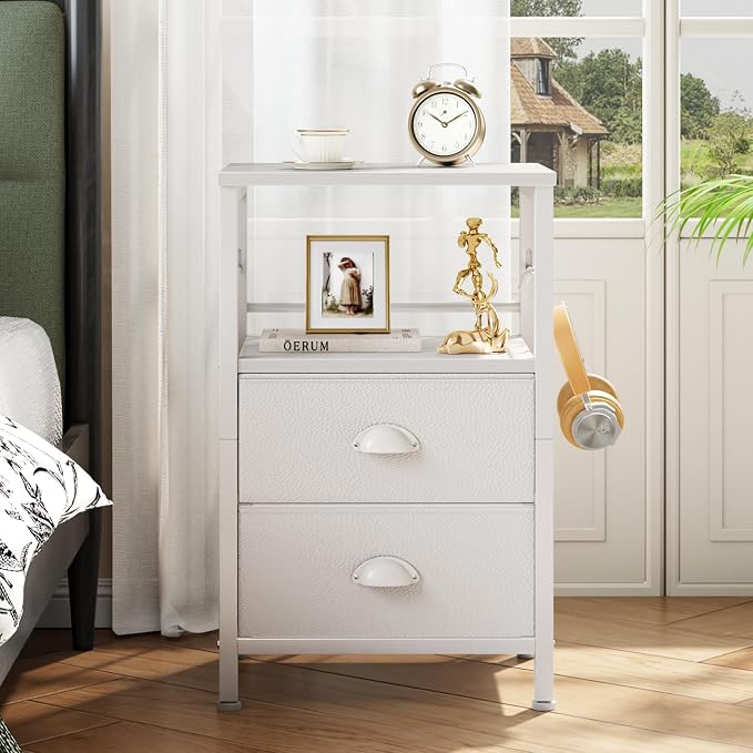 Furologee Nightstands Set of 2, End Table with 2 Fabric Drawers, Night Stand with 2 Hooks, Open Wood Shelf Bedside Table for Bedroom/Living Room/White - Image 5