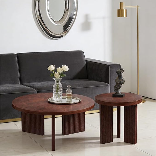 Nesting Coffee Table Set of 2, Modern Wooden Coffee Table with Smooth Thick Design, Circle Tea Table and End Table Set, Accent Center Tables for Living Room, Office, Burgundy