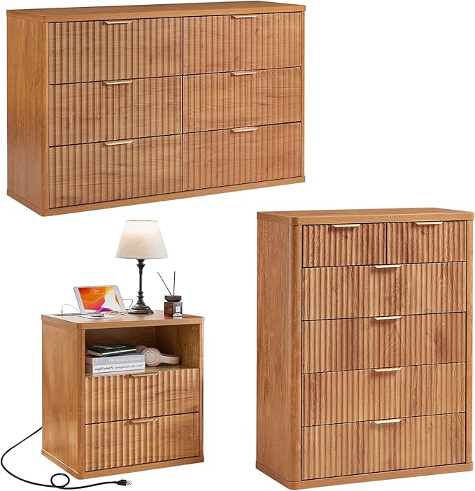 LEYAOYAO Fluted Dressers & Nightstand Set of 3, Wood 48" Wide Dresser & 42" Tall Chest of Drawers,Modern Bedroom Furniture Sets, Brown Wooden Nightstand with 2 Drawers & Charging Station