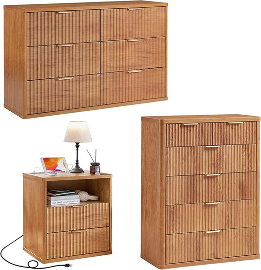 LEYAOYAO Fluted Dressers & Nightstand Set of 3, Wood 48" Wide Dresser & 42" Tall Chest of Drawers,Modern Bedroom Furniture Sets, Brown Wooden Nightstand with 2 Drawers & Charging Station