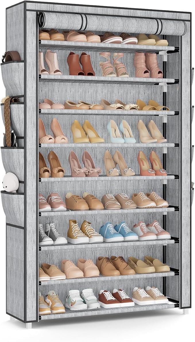 Shoe Rack with Cover, 10 Tier Shoe Organizer Storage for 40-50 Pairs Sneaker and Boots, Large Capacity, with 8 Pockets, Free Standing Tall Shoe Rack for Front Door Entrance, Closet, Printing by BRFOYU
