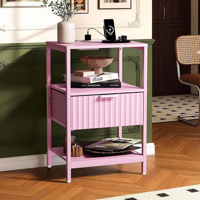Bonnlo Fluted Nightstand Set of 2, End Table with Fabric Drawer with Charging Station, Night Stand with Storage Shelf & Handle, Fluted Side Table for Bedroom/Living Room,Pink - Image 2