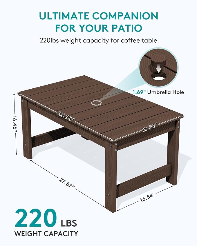 SERWALL Outdoor Coffee Table with 1.69" Umbrella Hole, HDPE Patio Coffee Table for Outside, Rectangle, Coffee - Image 3