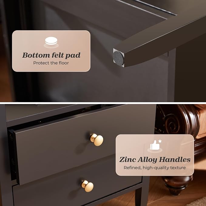 Huuger Nightstand with Charging Station, Black Nightstand with 2 Drawers, Bed Side Table for Bedroom, Bedside Table with Storage, Modern Nightstands, Metal Knobs, Painted Surface - Image 8