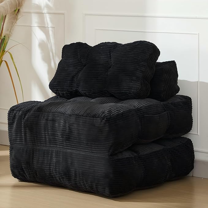 Folding Sofa Bed, Convertible Sleeper Chair with Pillow Foldable Matress with Back Support, Portable Fold Out Chair Bed Comfy Floor Sofa Lounge for Living Room Bedroom, Black, Single