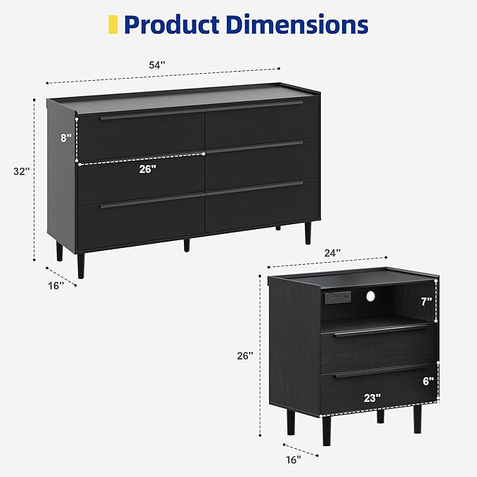 3PC Bedroom Furniture Set, Black Wood Grain 6-Drawer Dresser & 2 Charging Nightstands with Metal Handles, USB & Type-C Ports, AC Outlets, Open Shelf, Raised Edge Top, for Bedroom Apartment