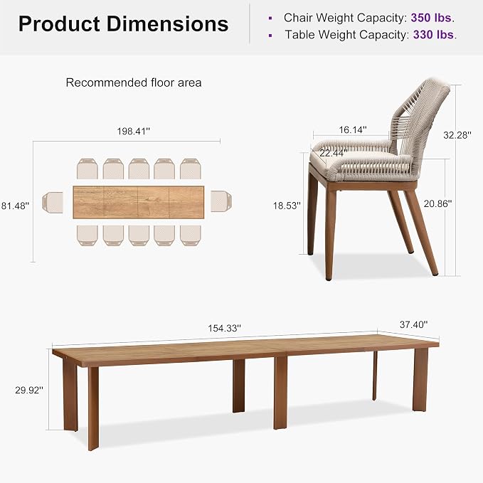 PURPLE LEAF 13 Pieces Patio Dining Set Aluminum Rectangular Table and Wicker Chairs with Cushions for Kitchen Porch Garden Modern Outdoor Furniture Sets - Image 9
