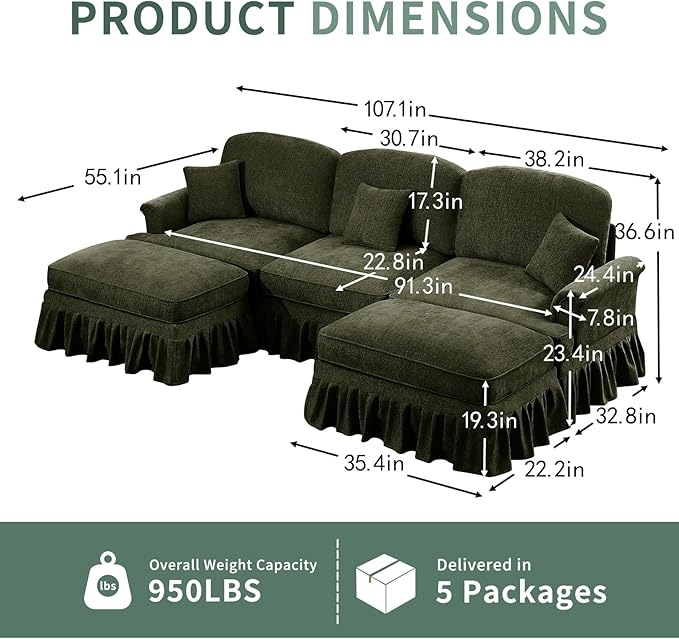 Rovibek 107” U Shaped Couch, Chenille Midcentury Modern Sofa with Detachable Ruffle Hem, Sectional Couches for Living Room with Throw Pillows & 2 Ottoman, Green
