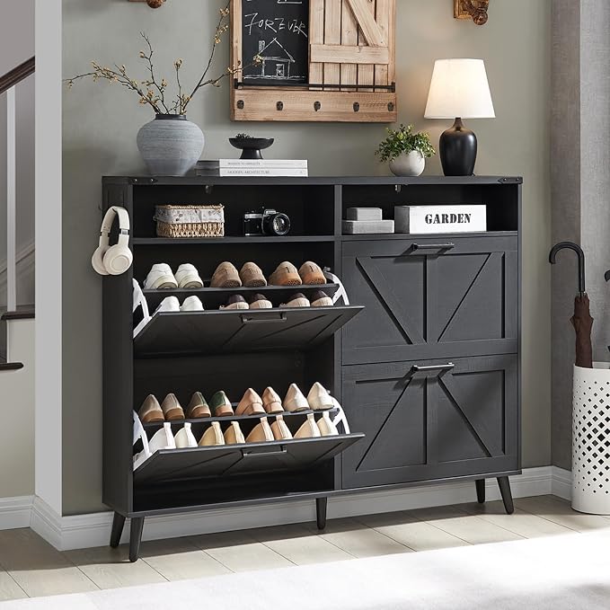 Shoe Storage Cabinet, Farmhouse Shoe Organizer with 4 Flip Drawers & Barn Door,Freestanding Hidden Slim Narrow Shoe Rack with Open Shelves for Entryway, Foyer, Hallway, Black by Barnyatoh